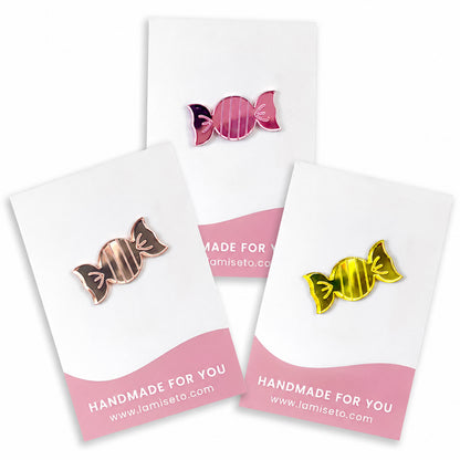 Candy pins in drie kleuren van spiegelend acrylaat