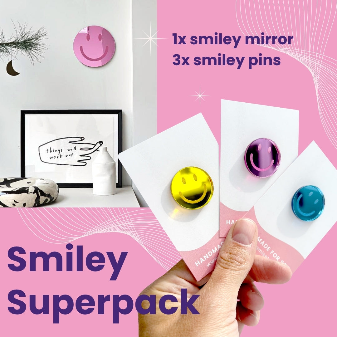 Smiley Superpack – 3 Pins + 1 Spiegel