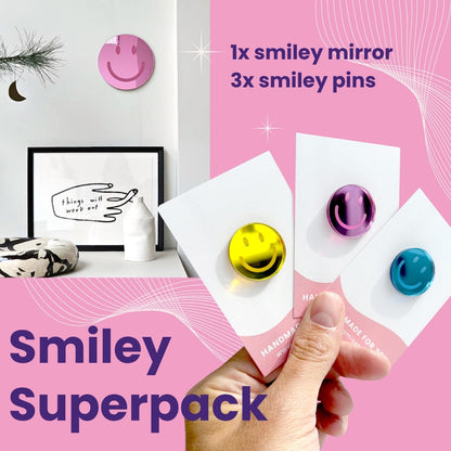Smiley Superpack – 3 Pins + 1 Spiegel